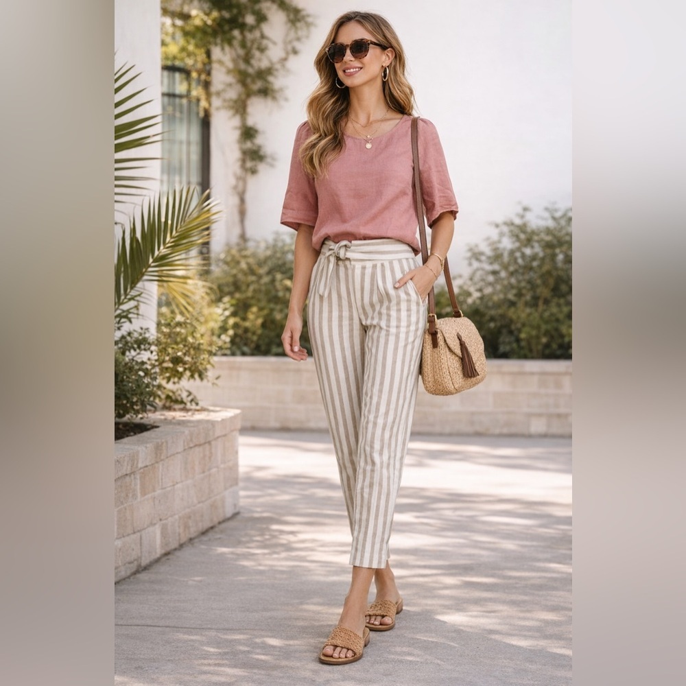 Anthropologie Beige and White Striped Pants - Picture 2 of 13